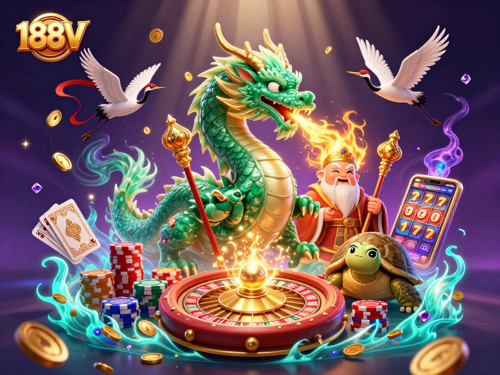 Win big at 188V with a spectacular scene of a jade dragon and luck-filled gaming elements.