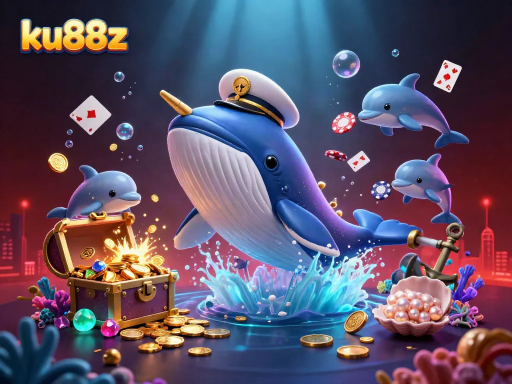Engage with ku88z casino adventure featuring a giant whale and dazzling treasures in a vibrant underwater scene.