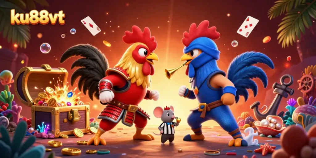 Engage with the thrill of ku88vt as fighting roosters battle amidst an explosion of riches and vibrant game elements.