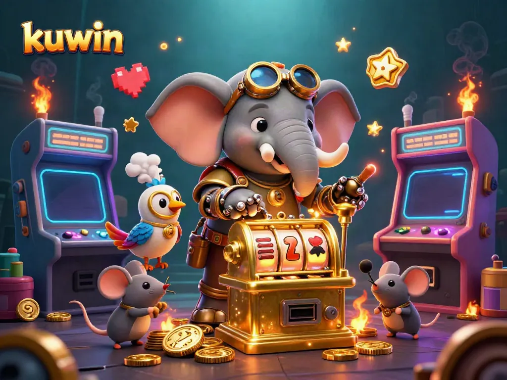 Kuwin slot machine experience featuring a steampunk elephant engineer and colorful games