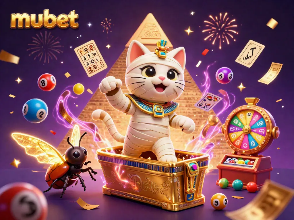 Experience thrilling wins at mubet with a dynamic casino scene featuring a mummy and vibrant lottery elements!