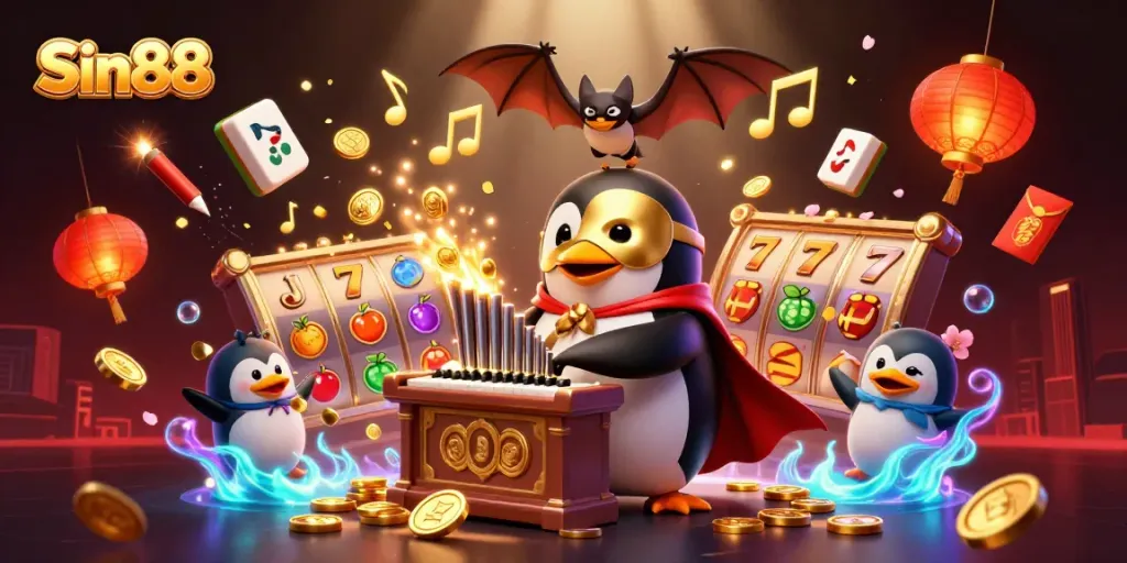 Sin88 showcases a lively casino scene with a penguin playing organ amidst slot reels and gold coins.