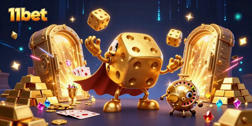 Engage with 11bet's vibrant casino world featuring a golden dice golem amidst treasures and dynamic game elements.