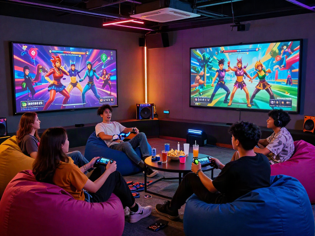 Friends enjoying a multiplayer sex game in a vibrant gaming lounge, showcasing fun and social interaction.