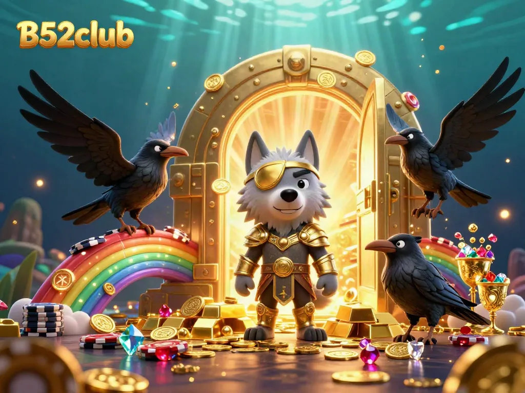 Experience thrilling gameplay with the B52club characters amidst treasures in an enchanting casino setting.