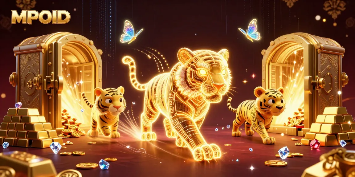 Engage with MPOID's vibrant casino scene featuring a golden tiger and treasures.