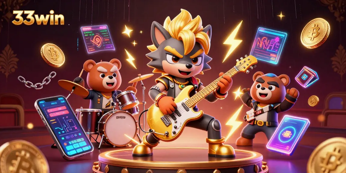 Experience the thrill of 33win with a rock star wolf and golden coins lighting up the casino scene.