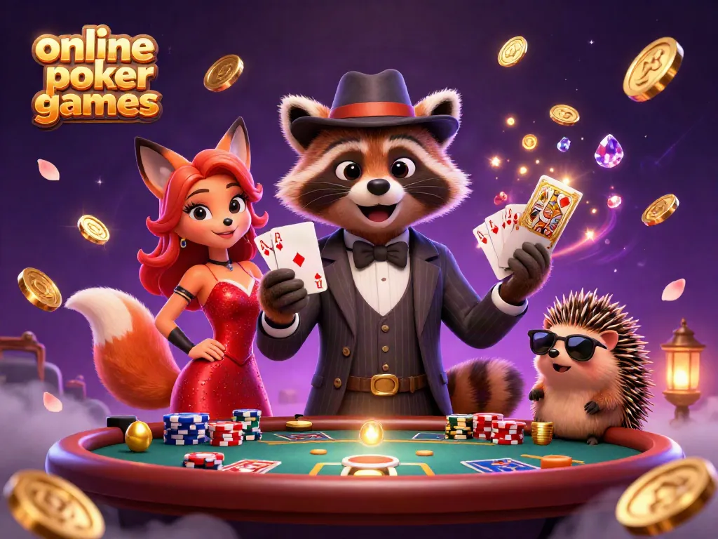 Enjoy thrilling online poker games with a charming raccoon and fox, surrounded by vibrant casino elements.
