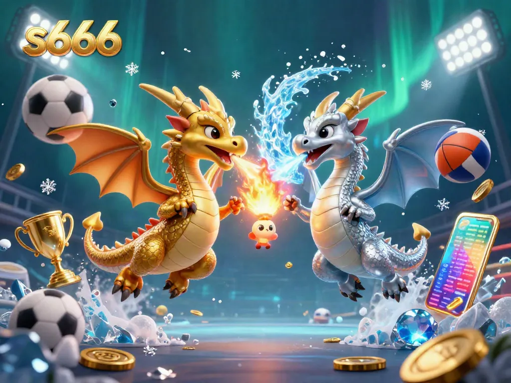 Join the thrilling action at s666 casino with dynamic 3D dragons and sports elements in this vivid illustration.