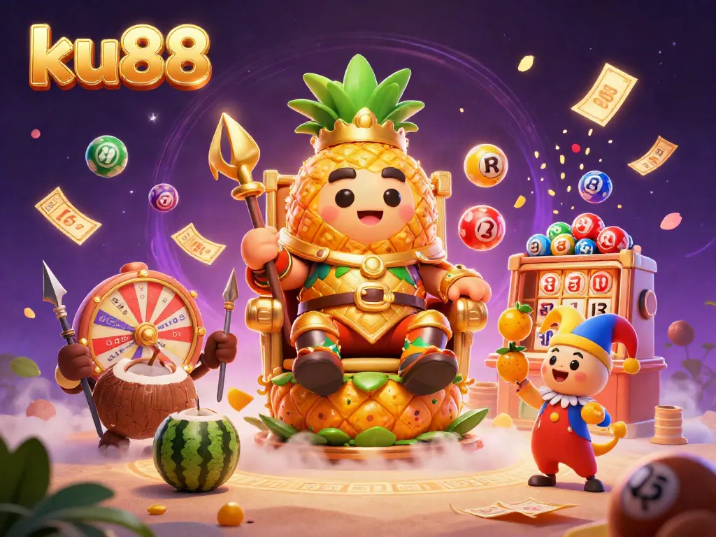 ku88 engages players in a vibrant casino scene with a golden pineapple king, dynamic games, and exciting lottery elements.