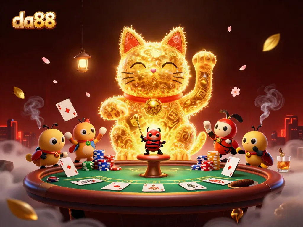 Engage with da88's exciting casino world as a lucky cat and conductor beetle celebrate big wins.