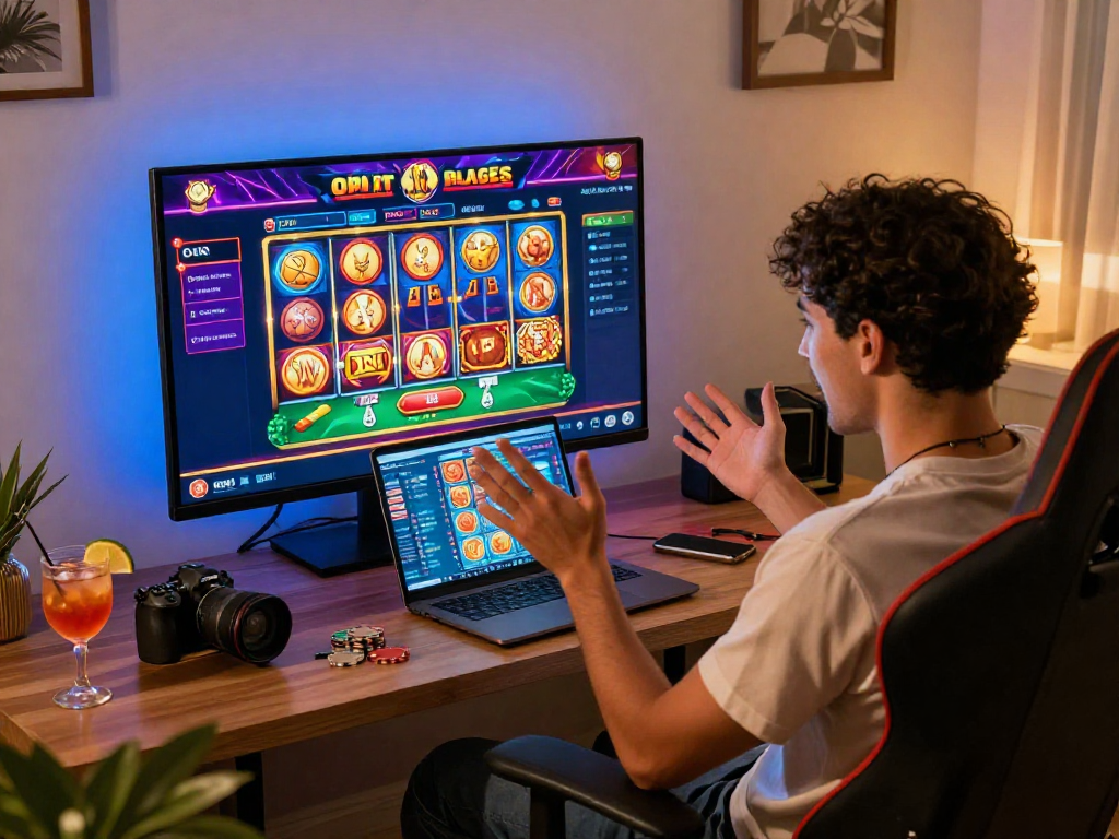 Un giocatore entusiasta mentre utilizza un casinò online stranieri con grafica colorata e un'atmosfera coinvolgente.