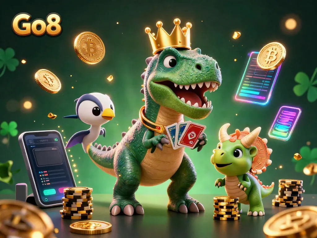 Go8 gaming scene with T-Rex card dealer and triceratops stacking chips amidst crypto elements.