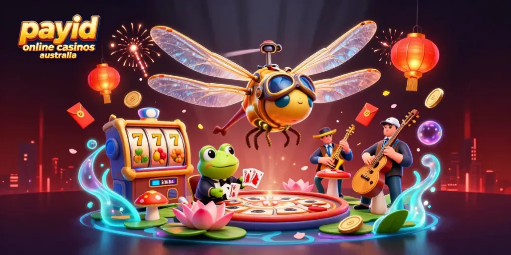 Experience payid online casinos australia with a lively dragonfly pilot and frog croupier in a vibrant digital casino scene.