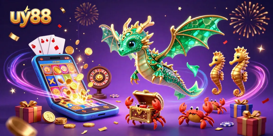 Experience the vibrant gaming world of uy88 with an enchanting scene featuring a sea dragon and treasure-filled action.