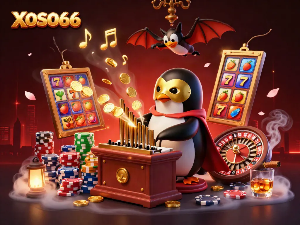 XOSO66's lively casino scene with a penguin organist, bat acrobat, and vibrant gaming elements.