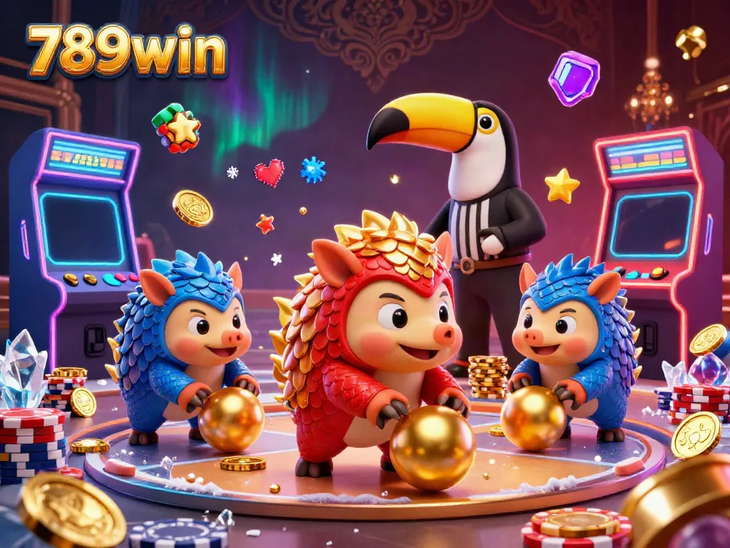 Engage in thrilling 789win gameplay with cartoon pangolins rolling poker chips in a vibrant casino scene.