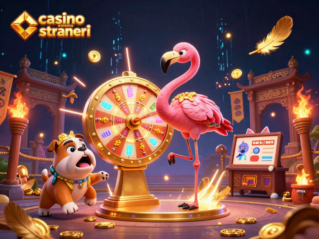 Un'emozionante scena di gioco con il flamingo in giacca dorata che presenta il gioco, il bulldog festante e il gatto scoreboard ai casinò online stranieri.