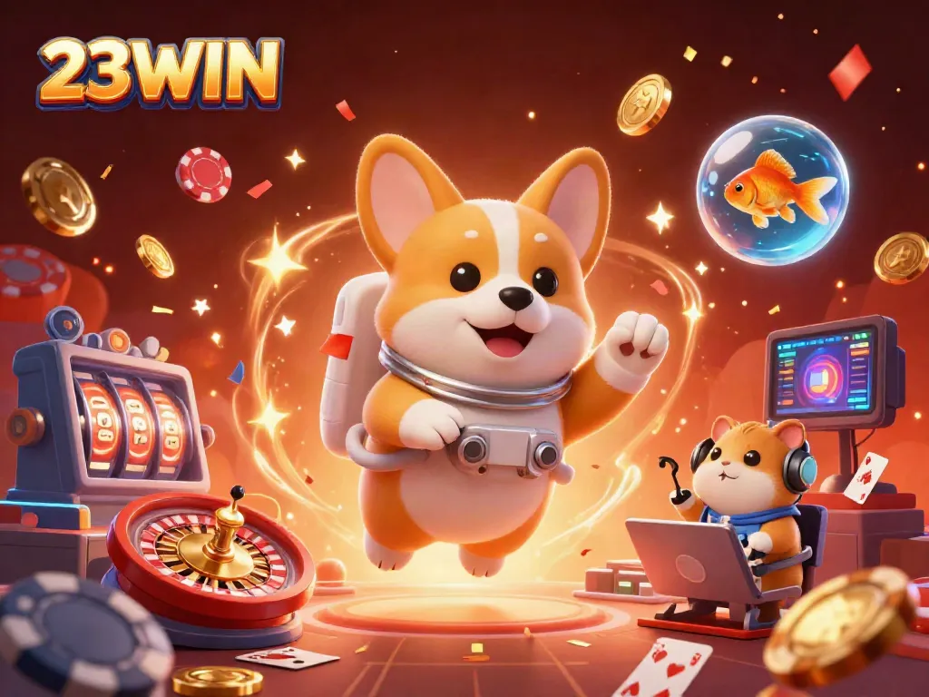 Experience thrilling gameplay with 23WIN's vibrant casino scene featuring a whimsical astronaut corgi and dynamic gambling elements.