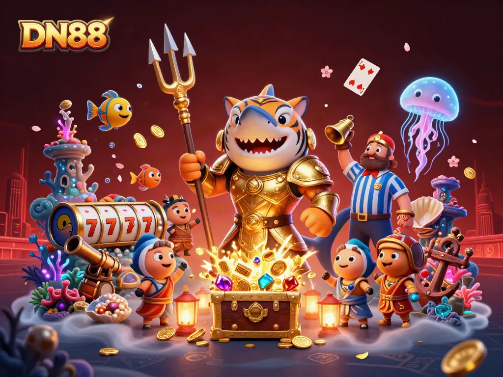 Experience DN88 with thrilling underwater casino adventure featuring a heroic tiger shark in armor.