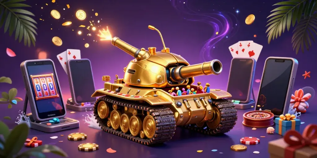 Experience the vibrant mubet casino scene featuring a golden beetle tank and dynamic slot games.