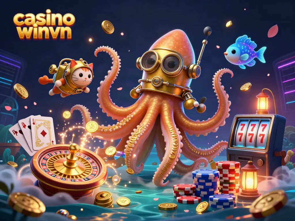 Engage in thrilling gameplay at casino winvn with a kraken and diving cat amidst dazzling casino elements.