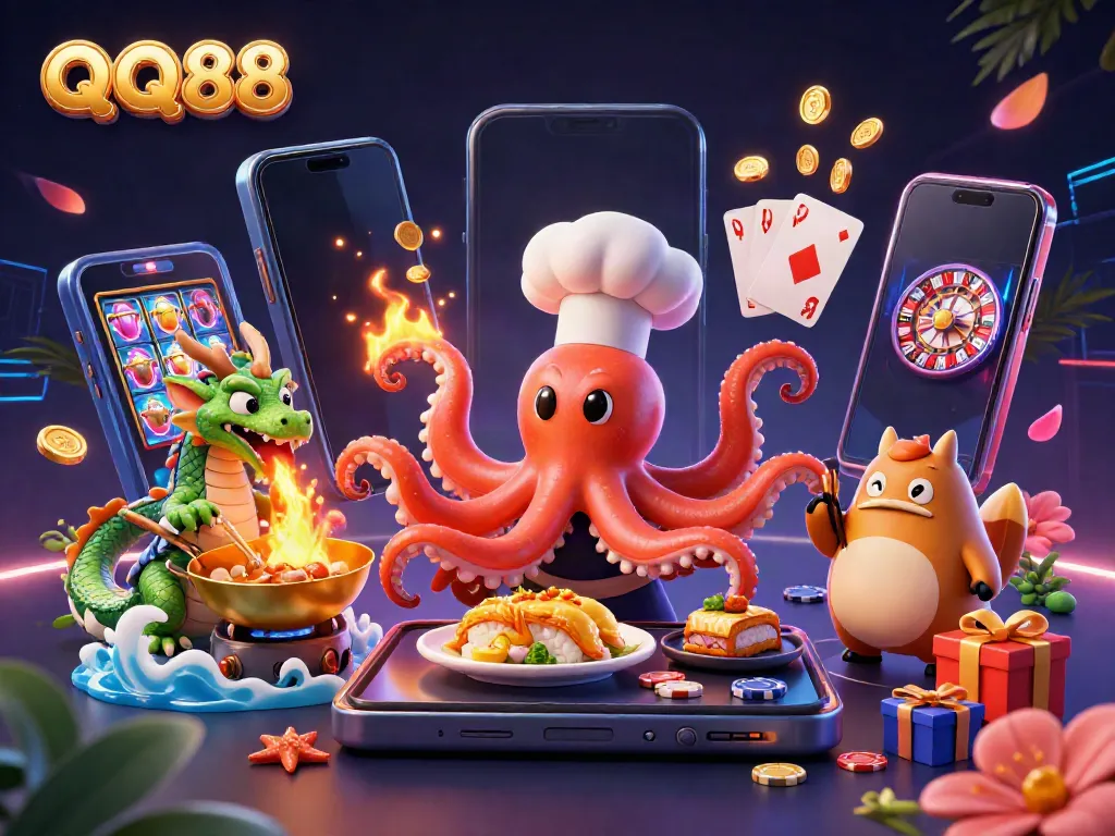 Experience thrilling slot games with QQ88 in a vibrant 3D casino scene featuring unique characters.