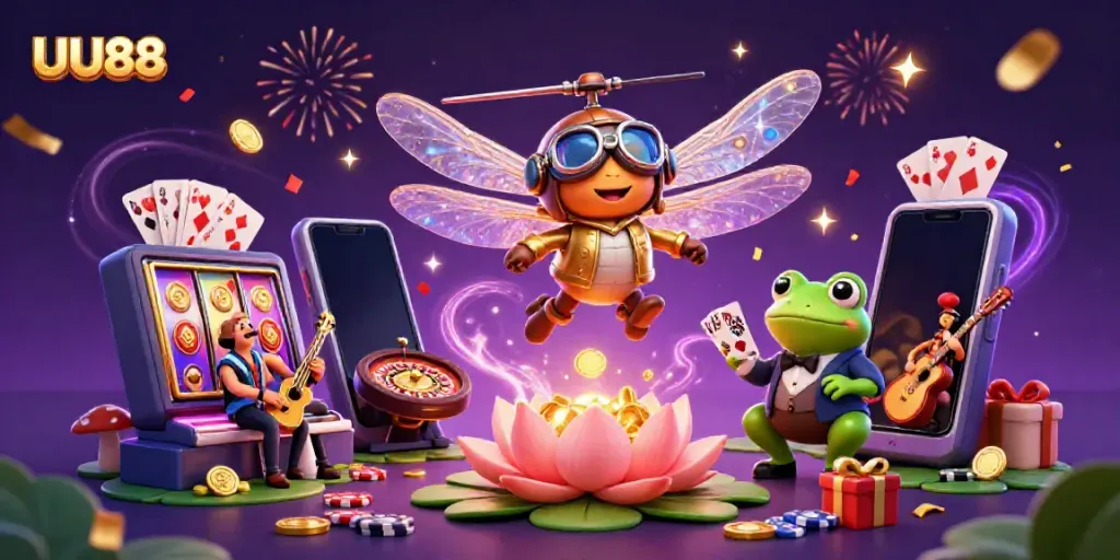 Experience gaming excitement at UU88 with engaging characters in a vibrant casino scene.