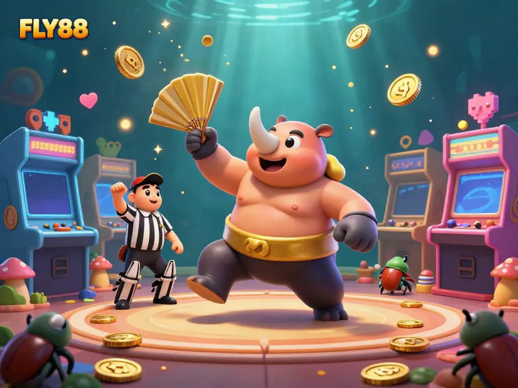 FLY88 logo shines as a sumo beetle champion celebrates winning, surrounded by colorful casino scene.
