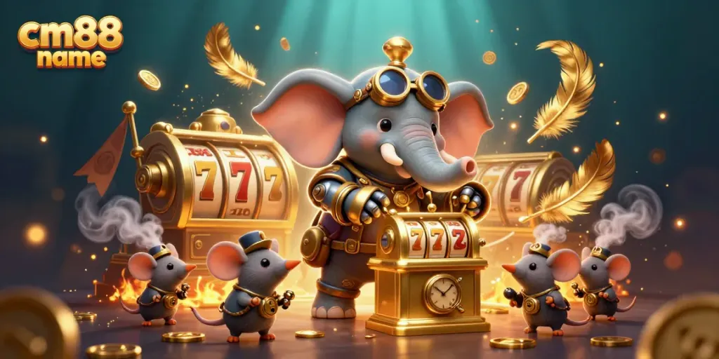 Experience the excitement of cm88 name with a steampunk elephant at a vibrant casino scene.